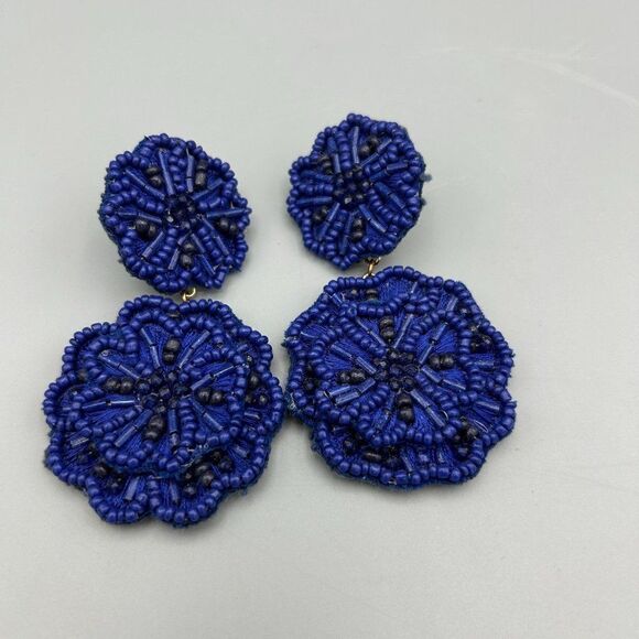 Blue Beaded Dangle Floral Flower Piereced Ears Earrings - Picture 1 of 7